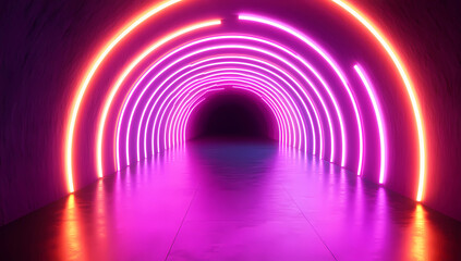 3D render, abstract background with a neon light arch in a dark, empty room