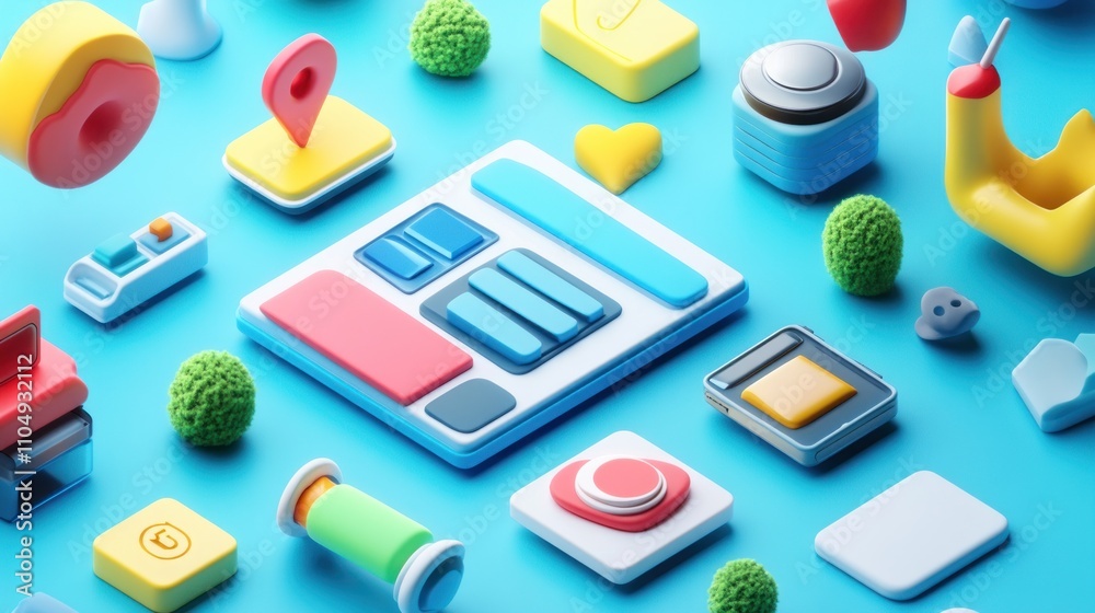 Poster Colorful App Interface Design Elements Scattered On Blue Background