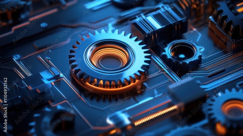 Poster Illuminated Gears Interlock Within Futuristic Circuitry