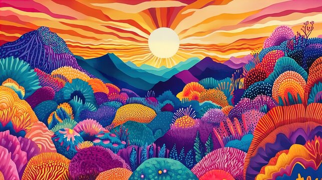 The image presents a vibrant and colorful landscape filled with abstract, vividly-colored hills and flora. A bright, yellow sun sets in the center of the composition, casting an array of warm hues acr