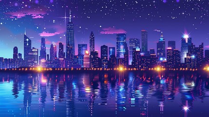 Fototapeta premium A digital illustration of a futuristic city skyline reflected in water at night.