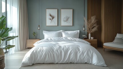 Serene Modern Bedroom with White Bedding and Natural Decor