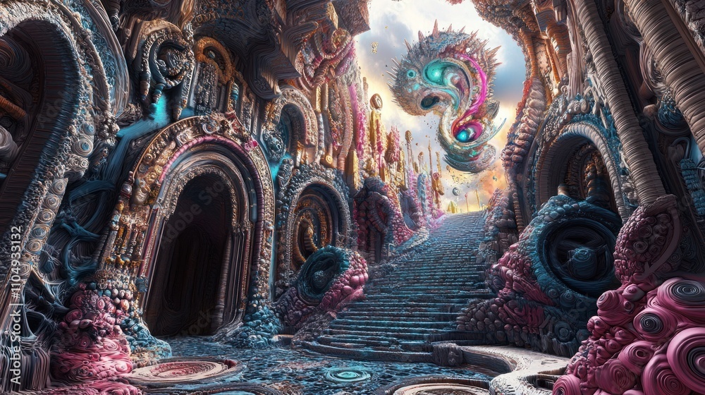 Poster surreal stairway ascending through a colorful organic structure