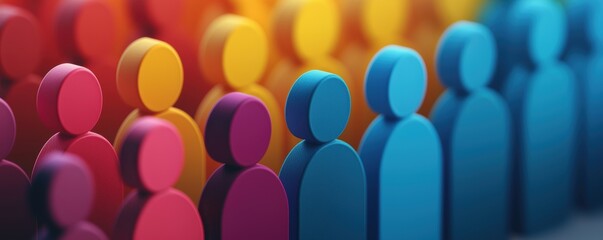 Colorful figures represent diversity and community, arranged in a vibrant sequence, embodying unity and collaboration.