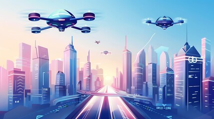 Obraz premium A digital illustration of a futuristic city at night with flying cars.