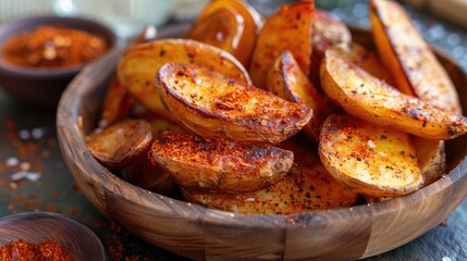 Spicy potato wedges in a rustic bowl, seasoned with paprika. Perfect for restaurant menus, food blogs, or recipes showcasing delicious, crispy snacks.