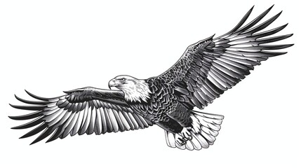 Fototapeta premium A detailed black and white illustration of a bald eagle in flight.