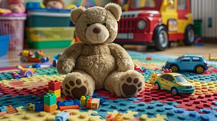 Cheerful Teddy Bear with Colorful Toys
