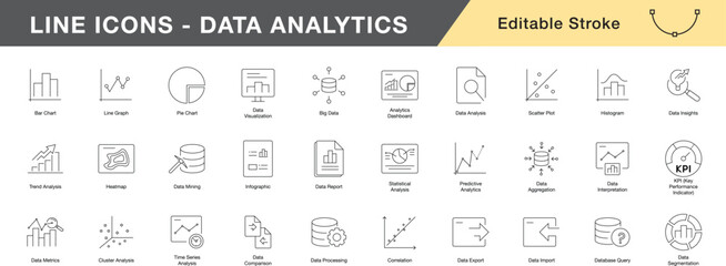 Editable Line Icons Set for Data Analytics and Visualization Concepts