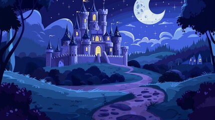 Obraz premium A fairytale castle sits on a hill under a crescent moon with stars twinkling in the night sky.