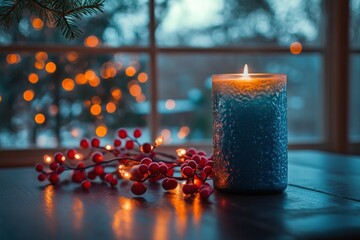 A blue candle with a flickering flame sits on a wooden table with red berries and fairy lights in front of a window with a blurred bokeh background of a Christmas tree.