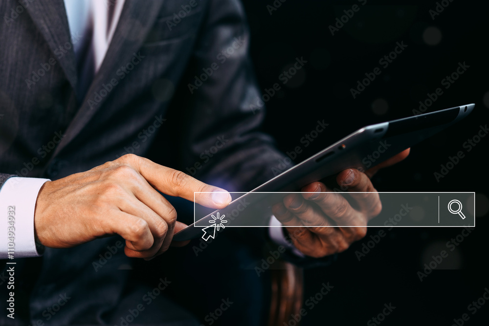 Poster Data Search Technology, Search Engine Optimization. Man's hands are using a smartphone to searching for information. Using Search Console with your website. Experience of data search technology