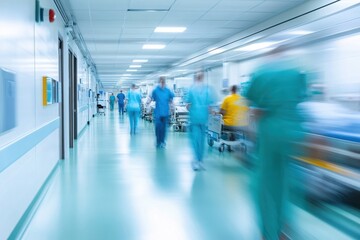 Busy hospital corridor with medical staff actively engaged in patient care, emphasizing healthcare teamwork and urgency.