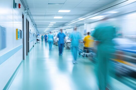 Busy hospital corridor with medical staff actively engaged in patient care, emphasizing healthcare teamwork and urgency.