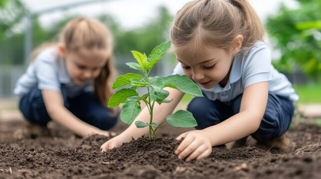 Children Engaging in Fun Gardening Activities Outdoors at Daytime - Powered by Adobe
