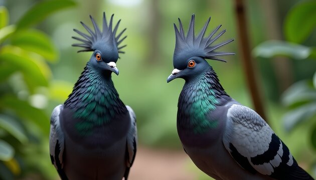 Two parakeets with vibrant plumage in a natural setting 