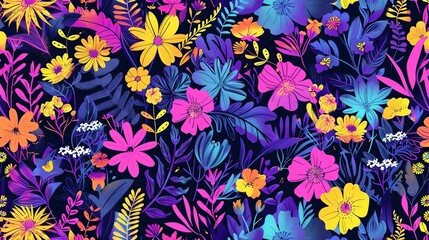 A repeating pattern of colorful flowers and leaves on a dark background.