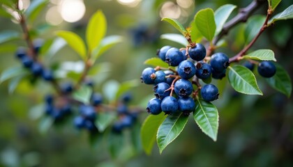 Ripe blueberries hanging from a green leafy branch