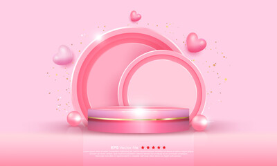 3D pink cylinder pedestal podium background with wall scene decorated with several floating hearts. Minimal mockup product stage exhibition. Abstract vector geometric platform
