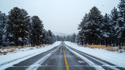 Wide-angle photograph of a snowy road in a pine forest, with snow falling and white lines on the asphalt, and a low horizon