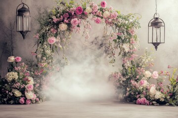 Beautiful romantic scene white background focal point archway Maternity backdrop, wedding