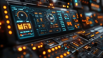 Obraz premium Futuristic control panel with glowing digital displays and buttons.