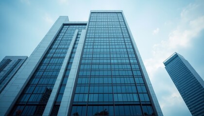 Tall glass skyscrapers against blue sky