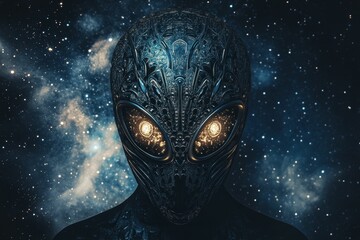 Ornate alien head, glowing eyes, cosmic background.