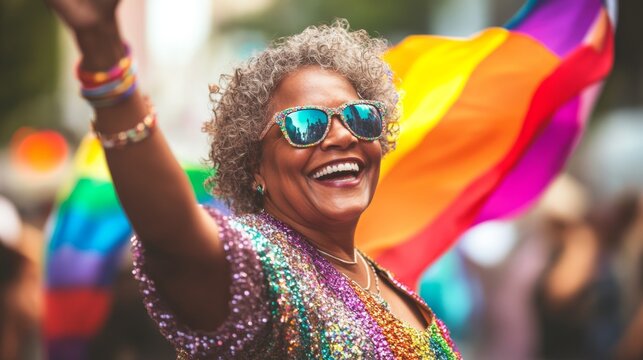 Elderly African-American woman curly hair sunglasses smiling widely Happy black senior gay