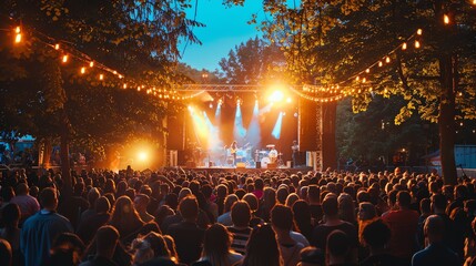 A large crowd of people watch a band perform on stage at an outdoor concert.