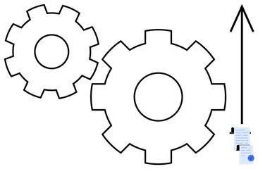 Two black outline gears align beside an upward arrow leading to stacked documents. Ideal for productivity, growth, business development, efficient workflow, and industry. Simple line art style