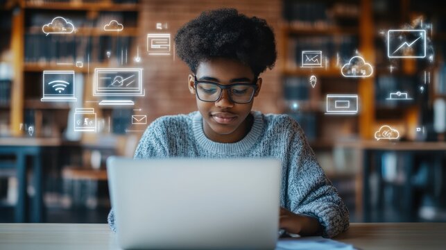 Modern online learning setup with student typing on laptop,