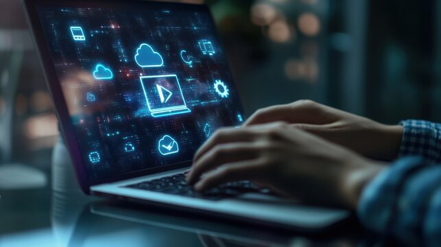 Modern online learning setup with student typing on laptop,