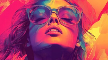 Obraz premium Close-up vibrant portrait of a woman wearing sunglasses, eyes closed, enjoying summer.