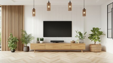 Modern living room wooden floor white walls focal scandinavian interior ,empty
