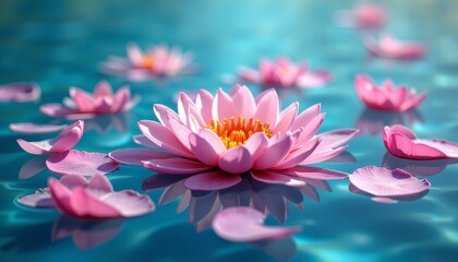 Pink lotus flower in blue water