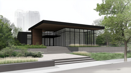 Fototapeta premium Modern House with Glass Panels and Minimalist Landscaping