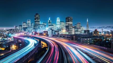 panoramic view of san francisco skyline at night, with highway and buildings lit up