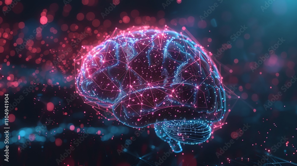 Poster abstract digital rendering of a brain with a glowing network of lines and dots.