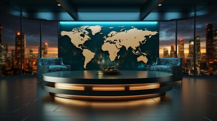 3D render of modern news studio space with world map on a flat screen for general news background
