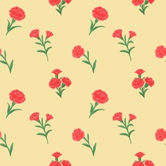 Seamless pattern with Red carnations On yellow background