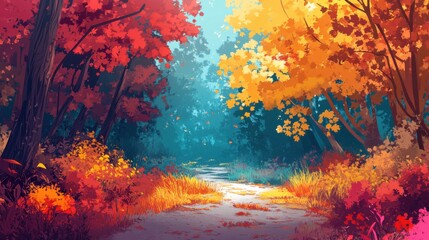 Serene autumn forest with vibrant foliage and a peaceful pathway