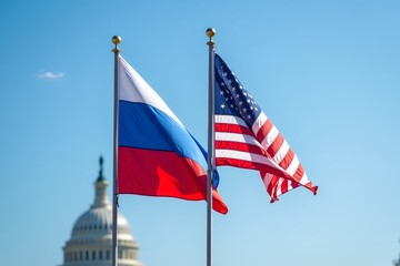 A majestic shot of the Russian flag standing proudly alongside the American flag on Capitol Hill