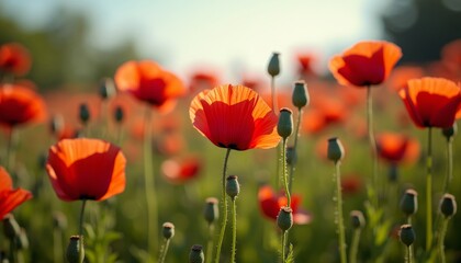 Fototapeta premium A field of vibrant red poppies with green stems in the foreground, set against a soft-focus backgroundImage Details