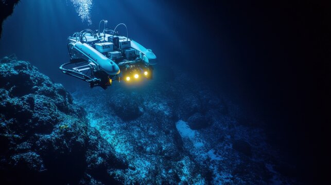 An underwater robotic research station studying marine life in the deepest ocean trenches, submersible drones exploring ocean ecosystems, Marine Biology style