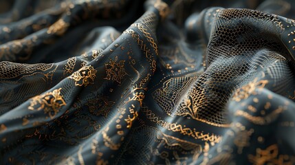 Close-up of a black fabric with a golden pattern, creating a luxurious and textured look.