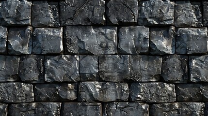 A close up of a stone wall made of large, dark gray blocks.