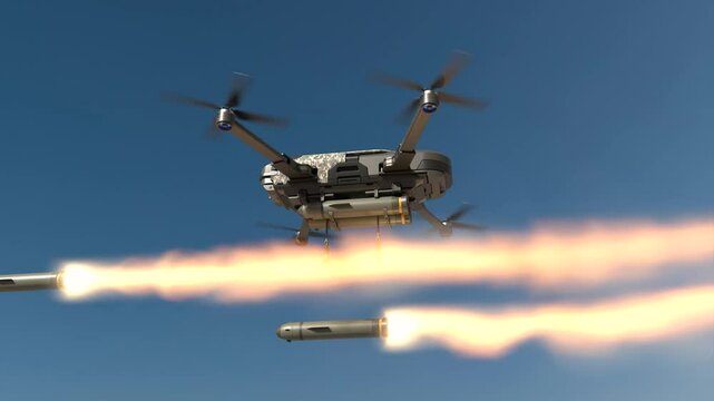 Military drones fly and fire missiles in a war zone, Future war with drone