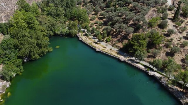 Lake of Zaros Votomos Aerial Tilt Down, Psiloritis, Crete, Greece