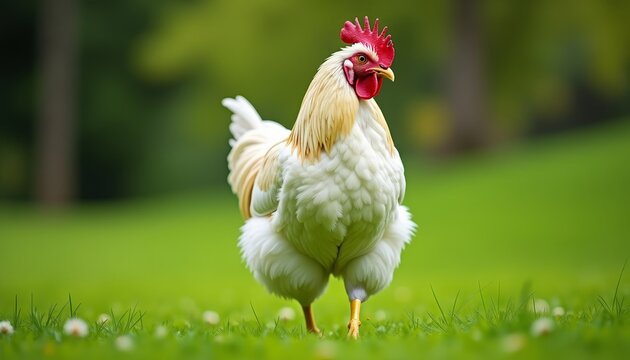 A rooster in a field or Chicken standing in grassy area